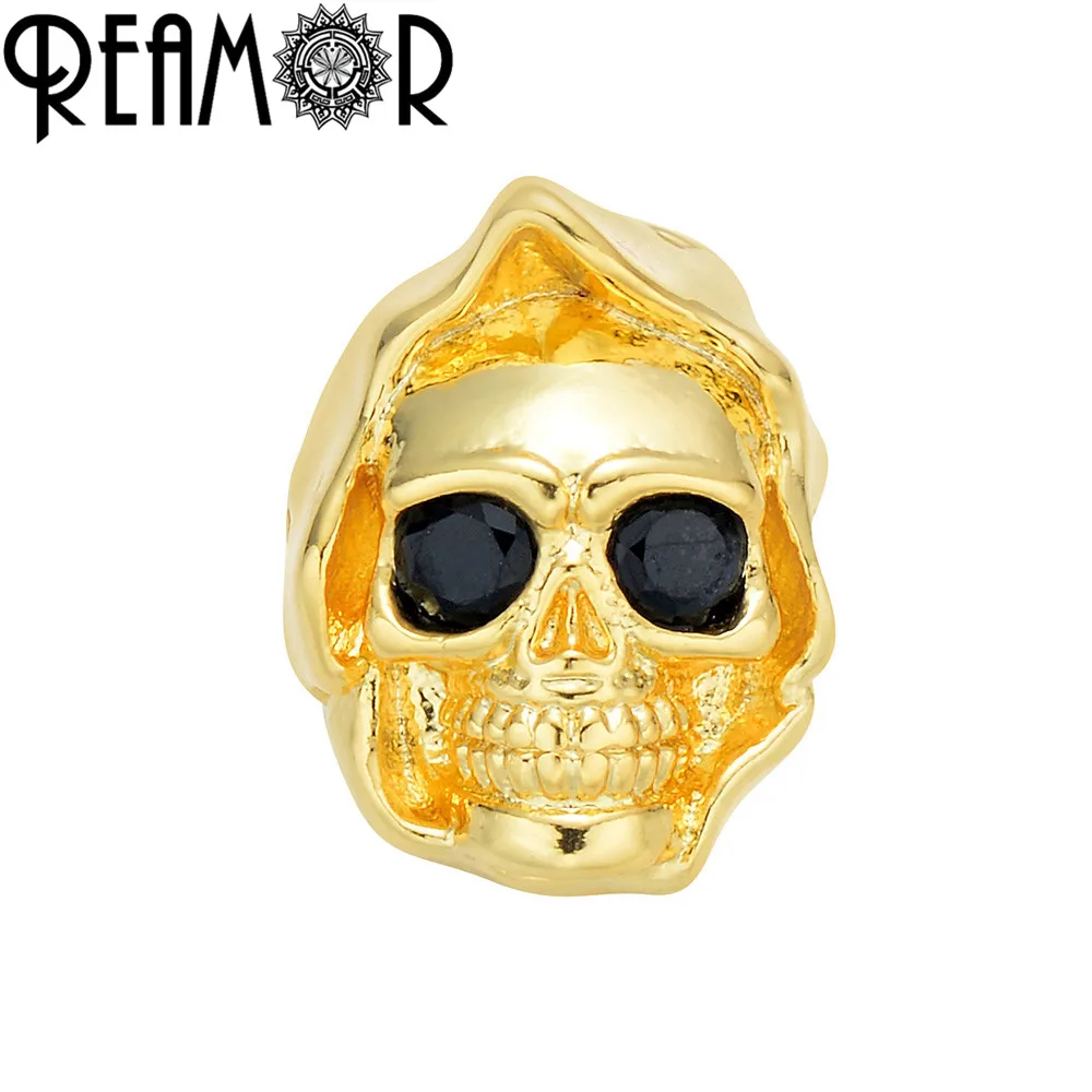 Gold REAMO 5 шт. микро проложить Циркон черные глаза череп бусины в виде голов для DIY ювелирных изделий покрытие браслет из медного бисера аксессуары - Цвет: Gold