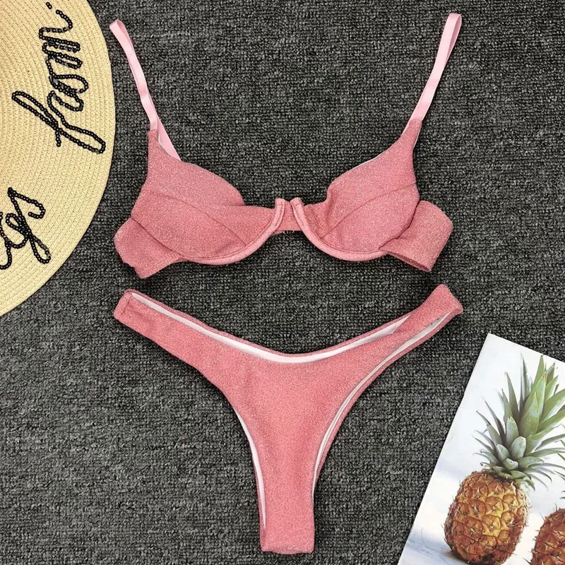 Бюстгальтер с подкладкой бикини 2019 блестящий Женский комплект для купания пуш ап