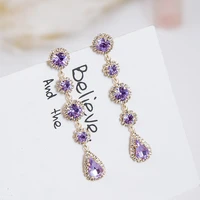 new luxury charm purple round water drop full rhinestone long dangle earrings for women fashion boucle doreille femme 5a3020