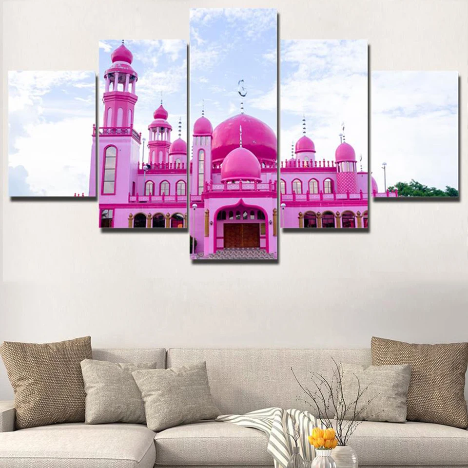 Плакаты для гостиной Современная HD печать 5 панелей розовая мечеть Модульная