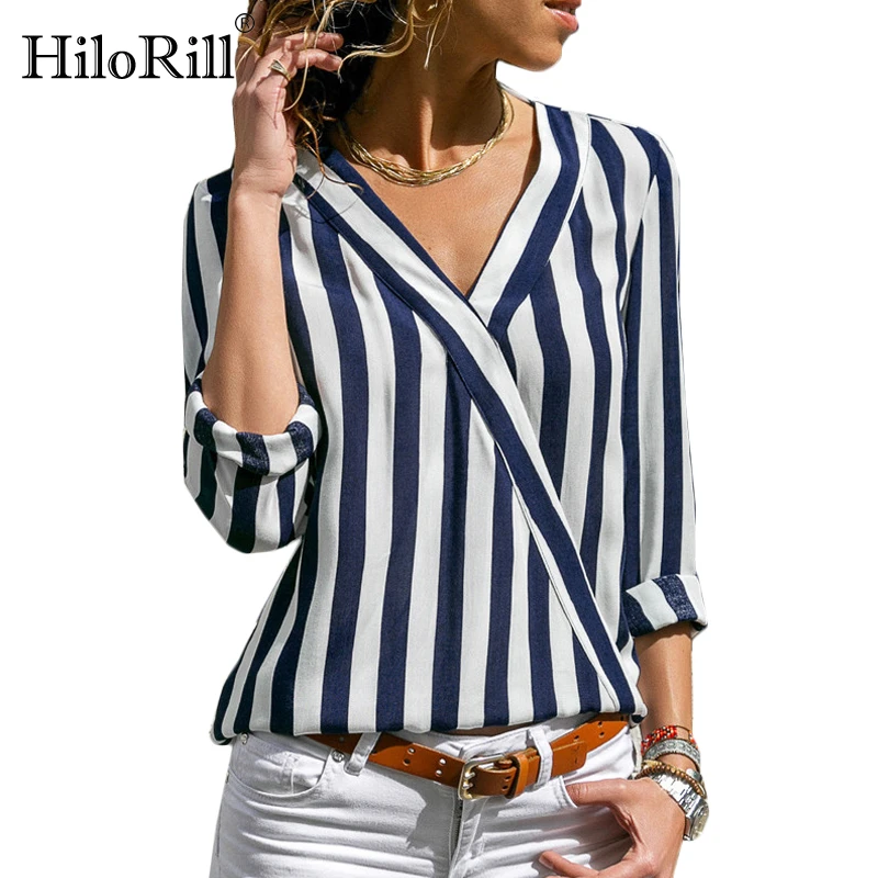 

HiloRill Women Sexy V-Neck Striped Blouse Shirt Summer Casual Long Sleeve Work Blouses Ladies Irregular Office Shirts Tops Blusa