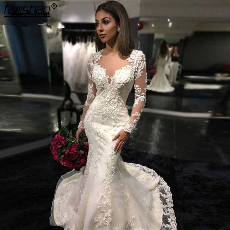 

Vintage Lace Long Sleeves Mermaid Wedding Dresses Saudi Arabic Lace Appliques Pearls Beaded Bridal Gowns Vestides de novia