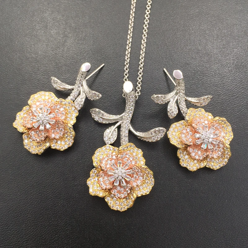 Lanyika Jewelry Set Luxury Stereo Plant Flower Zircon Micro Plated Necklace with Earrings for Woman Wedding Bridal Best Gifts | Украшения и