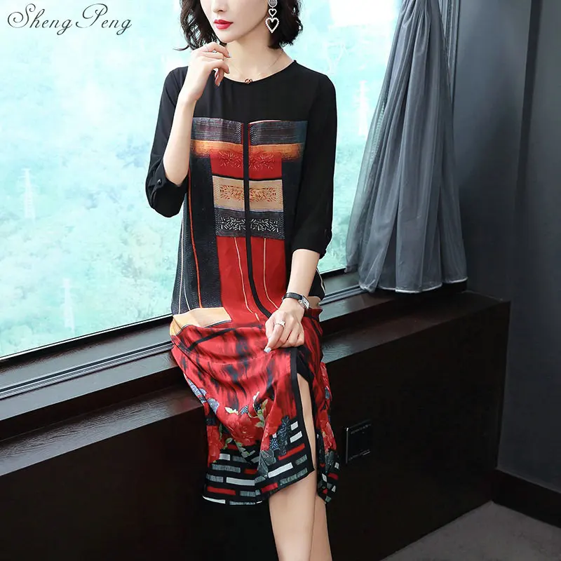 

Elegant Women Straight Dress 2018 New Style Flower printing Draped Middle Dress Women Casual Spring Summer Vestidos Q456