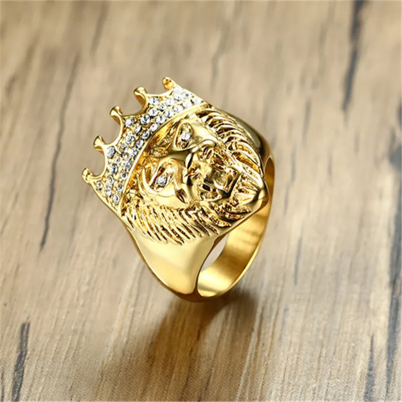 HIP HOP Punk Jewelry Stainless Steel Rhinestone Crown Lion Head Gold Ring For men | Украшения и аксессуары