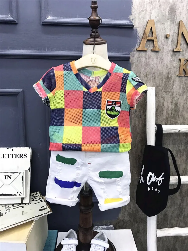 

Boys Tracksuit Fashion Color Matching Plaid Short Sleeves Shorts 2pcs Toddler Boys Clothing Set Summer Kids Clothes 2 3 4 5 6 Y