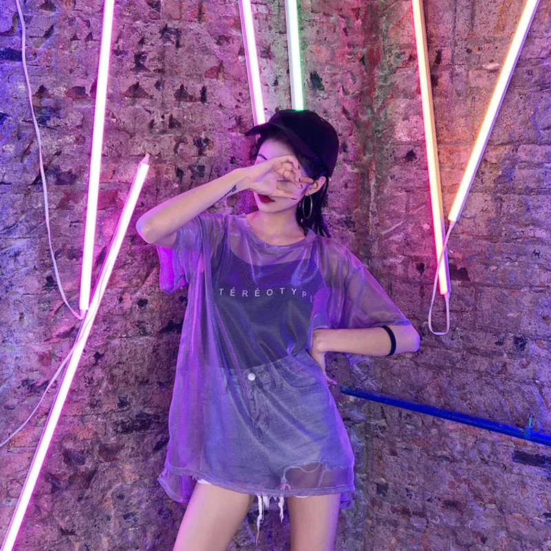 2 шт.! Ulzzang корейский Harajuku сетчатый топ женский сетчатый топ+ черный топики шикарные футболки блестящие Прямая поставка