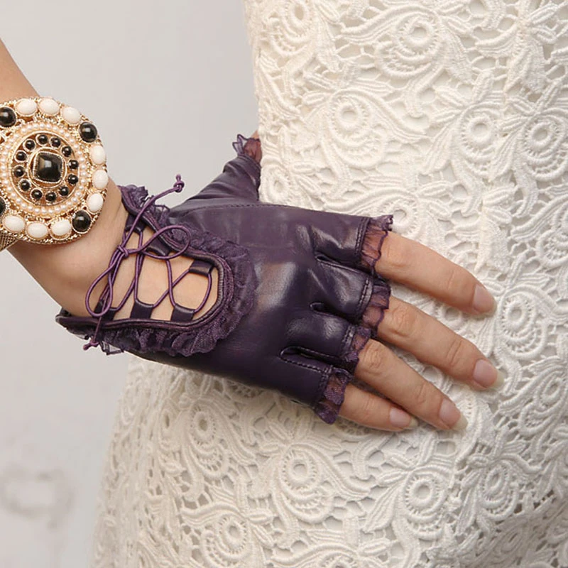 

Brand Lady Half-Finger Fashion Sheepskin Gloves Hip-Hop Performances Gloves Tide Single Lace Leather Gloves For Women L005N-5