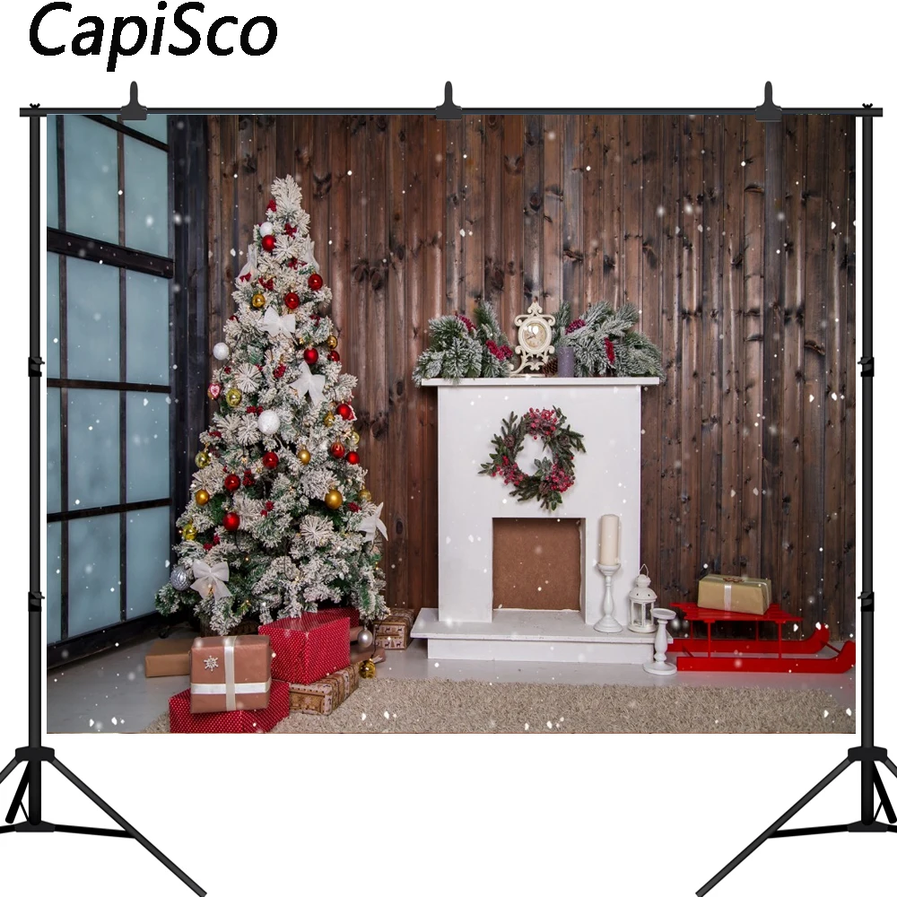 

Capisco Christmas Tree Backdrop Pine Wreath Fireplace Wooden wall Photographic Backgrounds Photocall Photo Studio