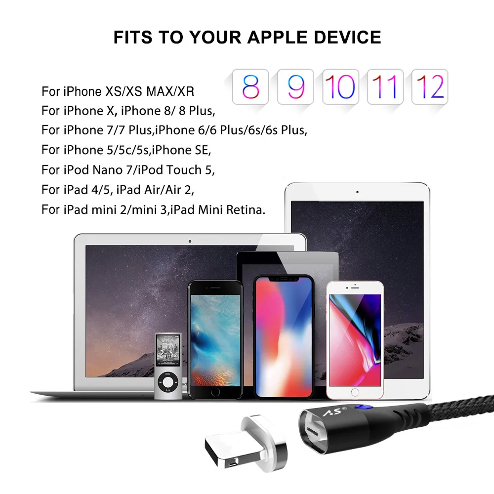 Магнитный кабель A.S 3A для iPhone X XS XR, супер быстрая зарядка, Магнитная Зарядка для телефона, зарядное устройство USB для iPad iPhone 8 7 6 Plus 5 SE iOS 11 12