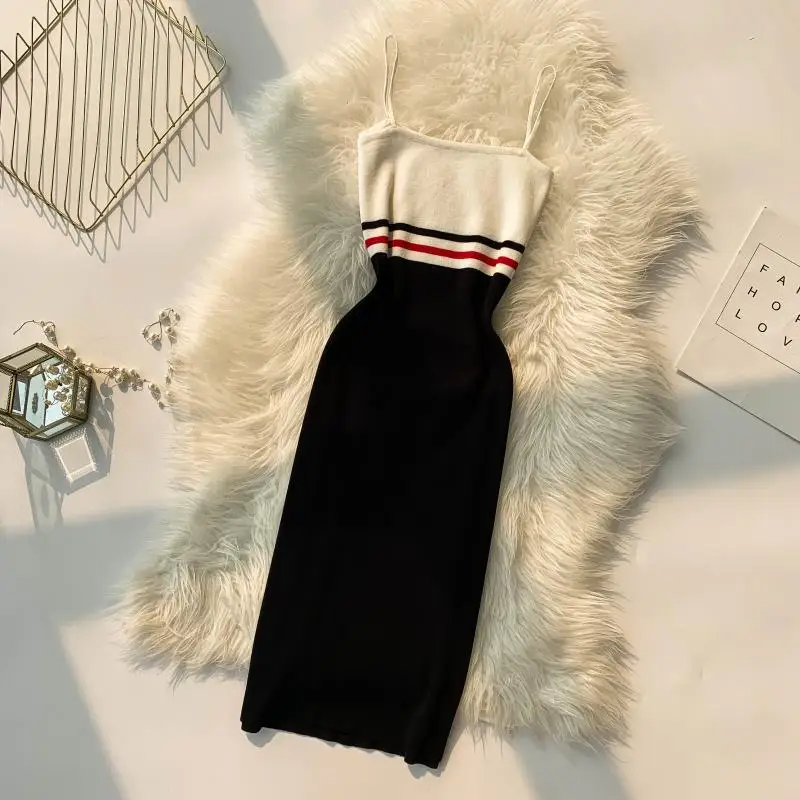 Черный ALPHALMODA летнее женское Спортивное Полосатое трикотажное платье на бретельках, сексуальное облегающее Повседневное платье, сарафан - Цвет: Черный