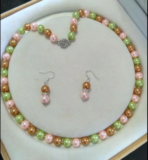 Women Jewelry Set 8mm pink green brown mixed bead real natural south sea shell pearl necklace + dangle hook earring | Украшения и