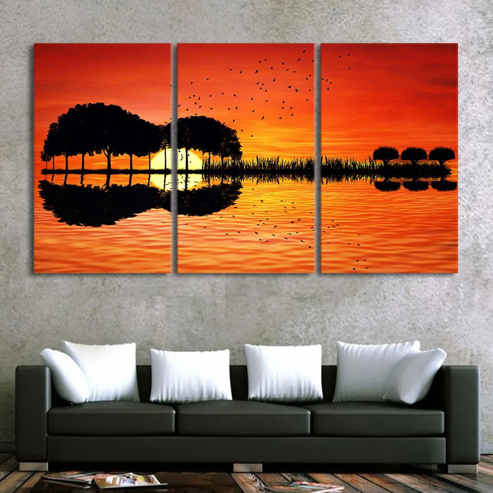 3 шт. гитара дерево озеро отражение закат холст краски Wall Art Абстрактная HD