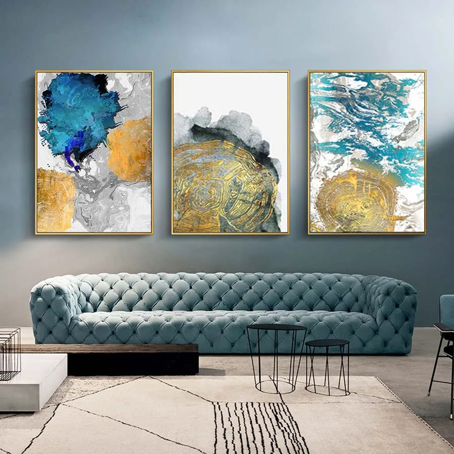 Современная абстрактная картина маслом на холсте принты синее золото плакаты