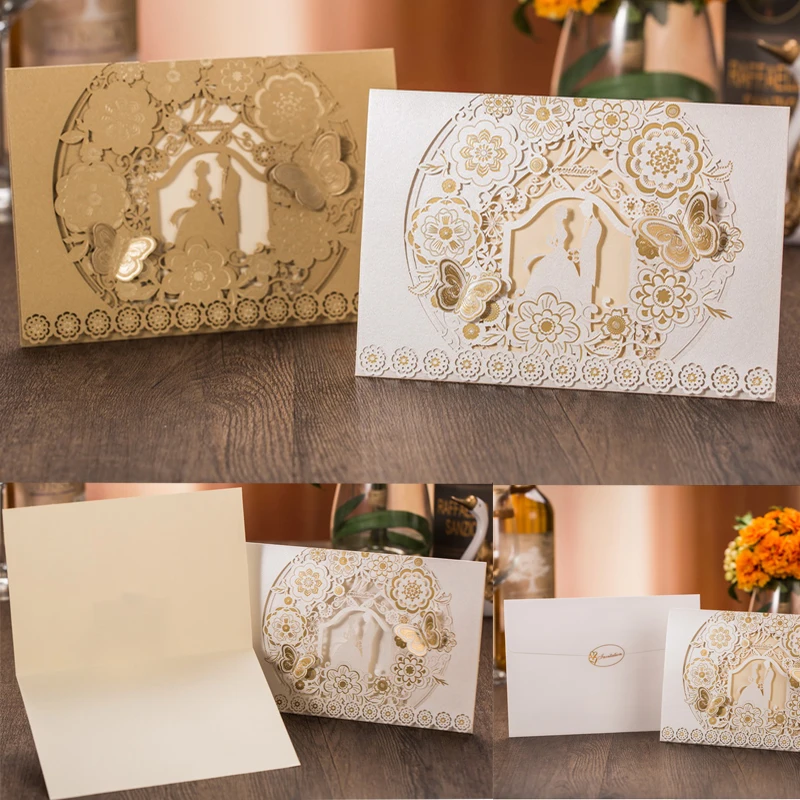 

1pcs Gold White Laser Cut Bride & Groom Wedding Invitation Card Marriage Greeting Card Envelopes Wedding Party Favor Decoration