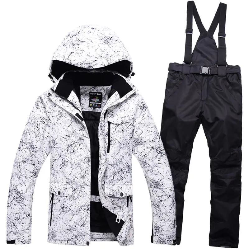 

Winter Ski Suit For Men Waterproof Snowboarding Windproof Warmth White Lightning Jacket +Outdoor Hiking Cycling Thickened Pants