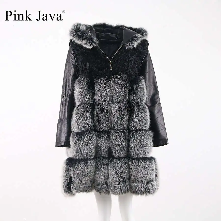 Pink Java QC8095 FREE SHIPPING natural fox fur long coat real vest with Detachable sheep leather sleeve hood | Женская одежда