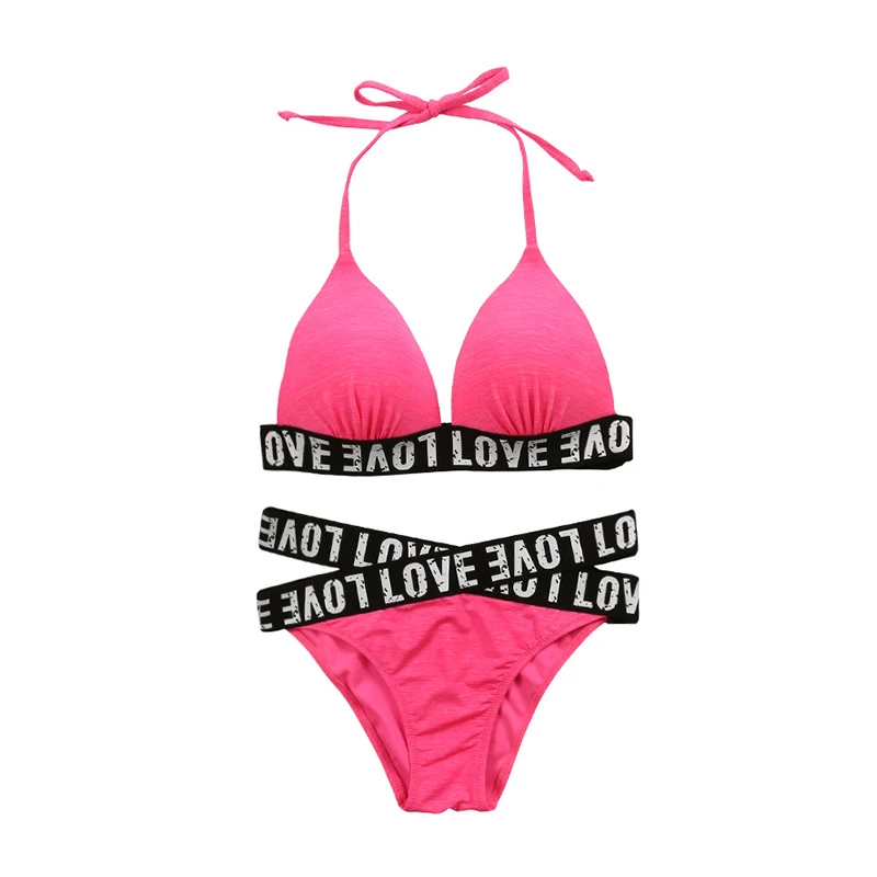 Sexy Pink Alphabet Cross Bikini 2017 Bandage Brazilian Swimsuit Women Padded Swimwear Set Wrap Top Bathing Suits Biquini |