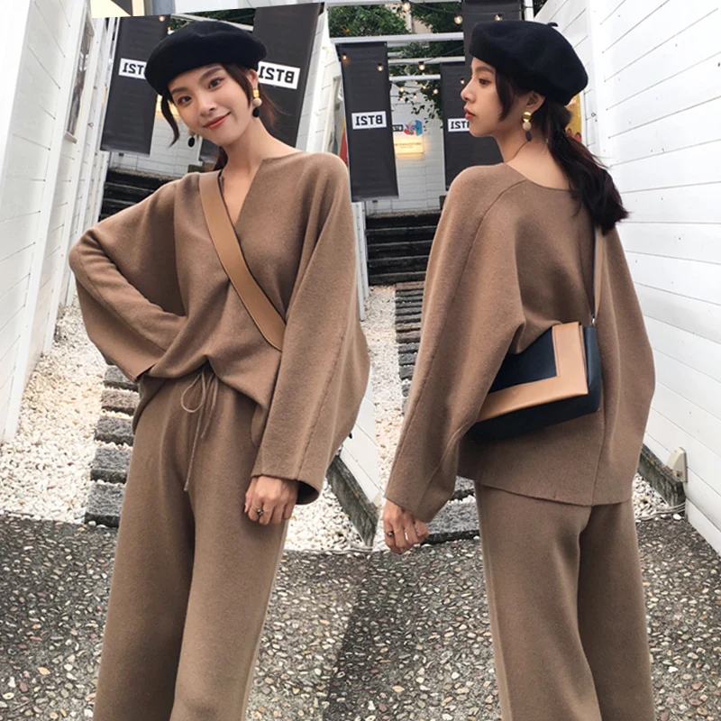 Вязаный женский Повседневный свободный свитер с v-образным вырезом комплект из