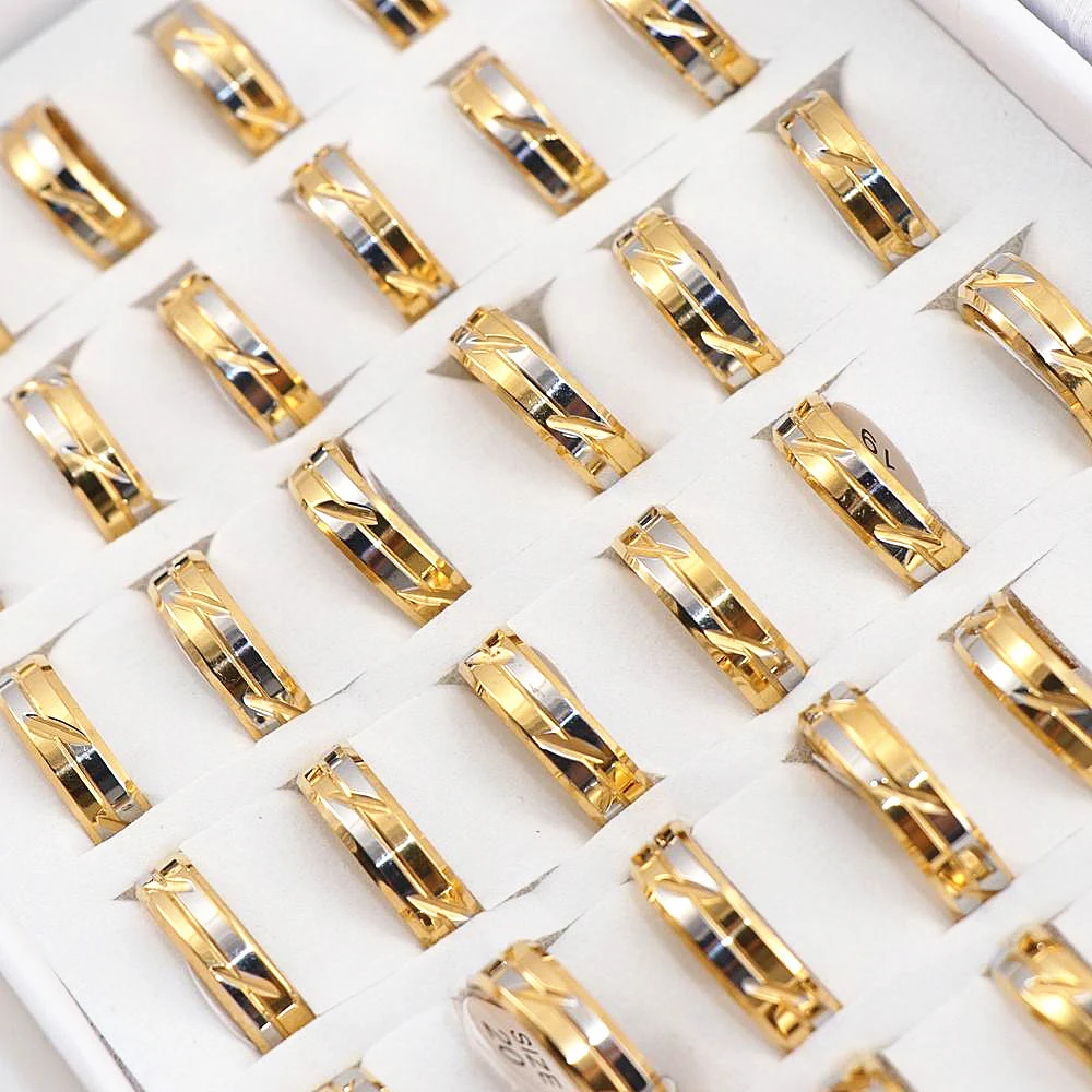 

Wholesale 36 Pcs/lot Golden Cut Stainless steel Rings Mens ring polished inside
