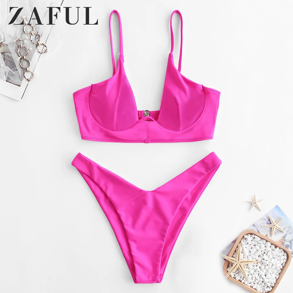 Женский неоновое бикини на косточках ZAFUL однотонный купальник тонких бретельках