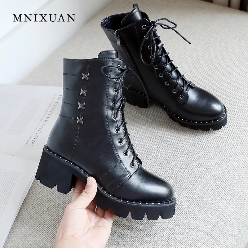 MNIXUAN/Модная зимняя женская обувь; Полусапоги; Новинка года; ботильоны из натуральной кожи с круглым носком; обувь на платформе с высоким каблуком и молнией