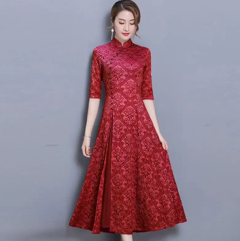 3 new vintage Lace Long dress women Summer Chinese Style A-Line dress Solid color Half sleeve Ankle-Length dress women - Цвет: 3