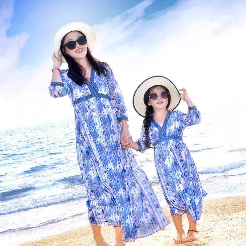 Mother Daughter Dresses Family Matching Clothes Shirts Blue and White Porcelainsale Hanfu Chinese National Traditional Costume | Мать и