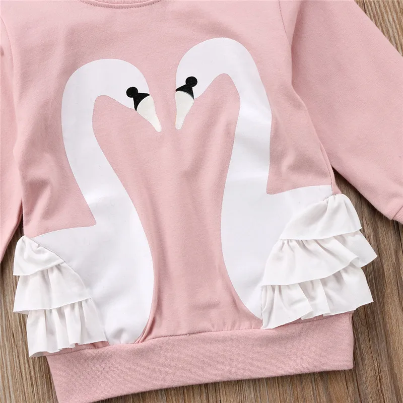 2018 Child Kids Baby Girls Clothing Cartoon Double Swan Bird Long Sleeve Lace T-shirt Top Blouse Autumn Spring Clothes 0-5T | Детская