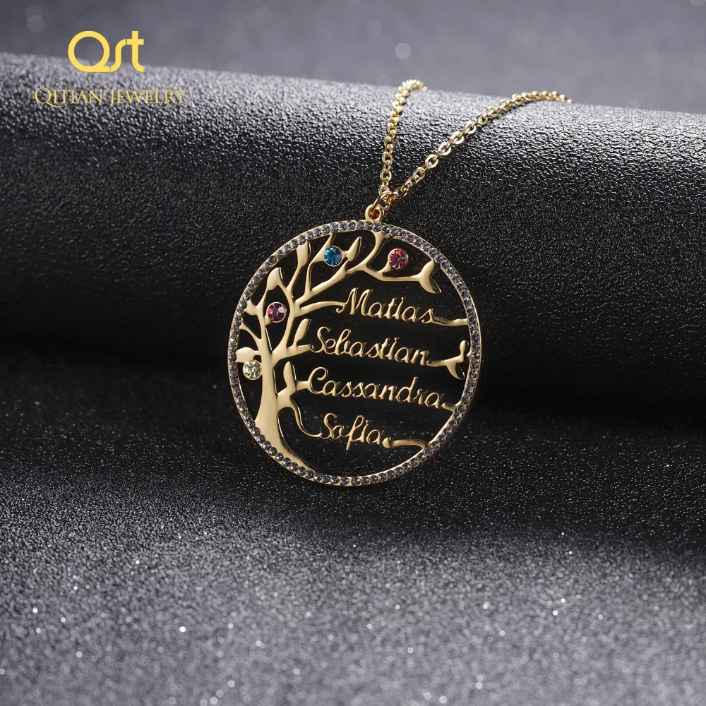 Массивное семейное дерево кристалл ожерелье Iced Out пользовательское имя камень по дню рождения Колье Золото Нержавеющая Сталь Ювелирные изделия персонализированный подарок
