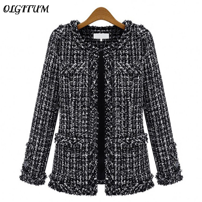 Autumn winter Hot women jacket Slim thin  checkered Tweed coat Large size casual O-Neck Plaid Jacket with pocket loose outwear