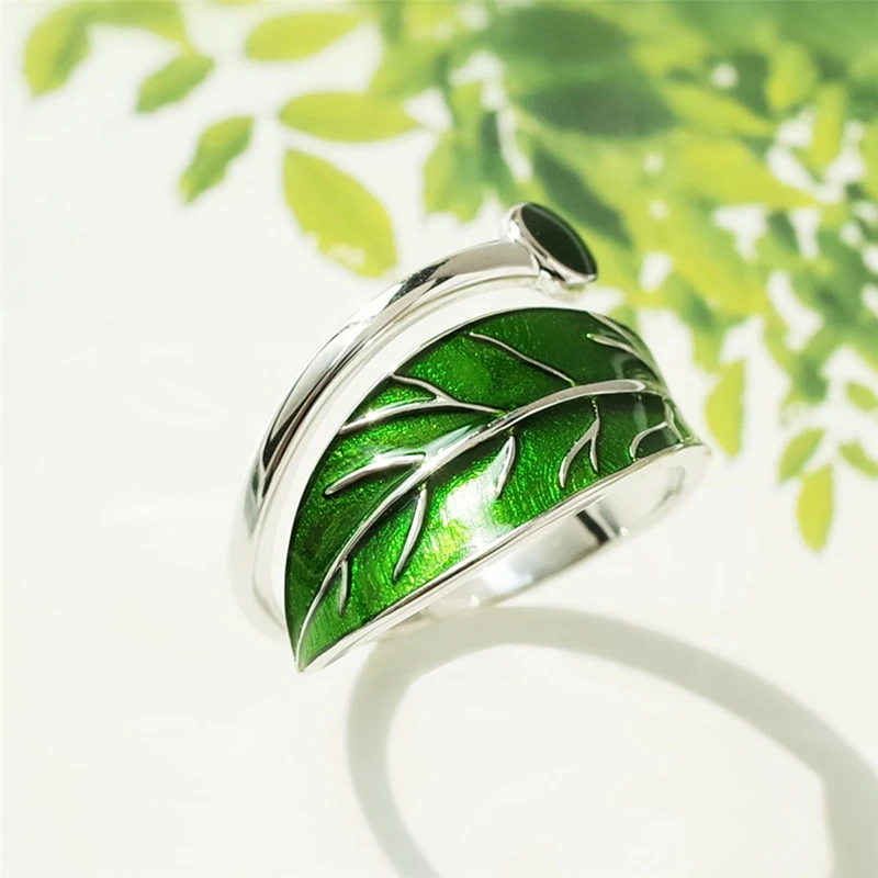 Женское кольцо с зелеными каплями из стерлингового серебра листьями|jewelry rings|jewelry
