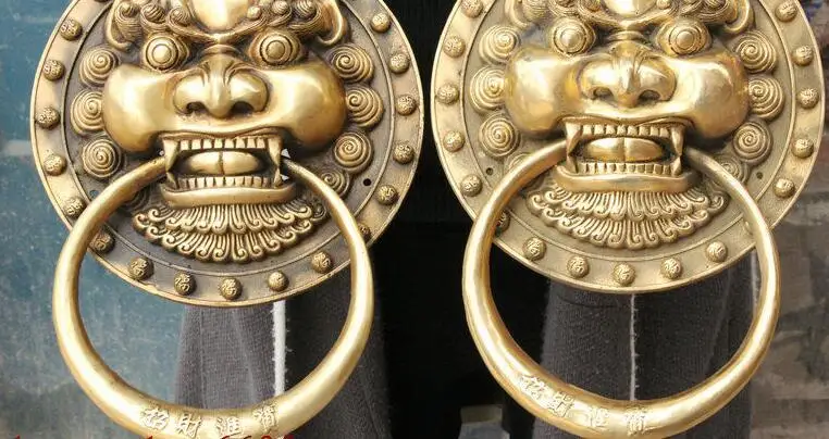 21cm China Brass Dragon Fu Foo Dog Guardion Lion Head Mask Door Knocker Statue Pair | Statues &amp Sculptures