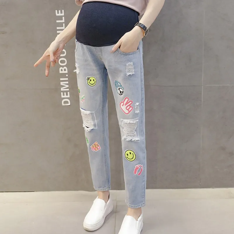 Kobeinc Spring High-stretch Pregnant Women Jeans Summer Fashion Printing Hole Maternity Pants Clothes For | Мать и ребенок