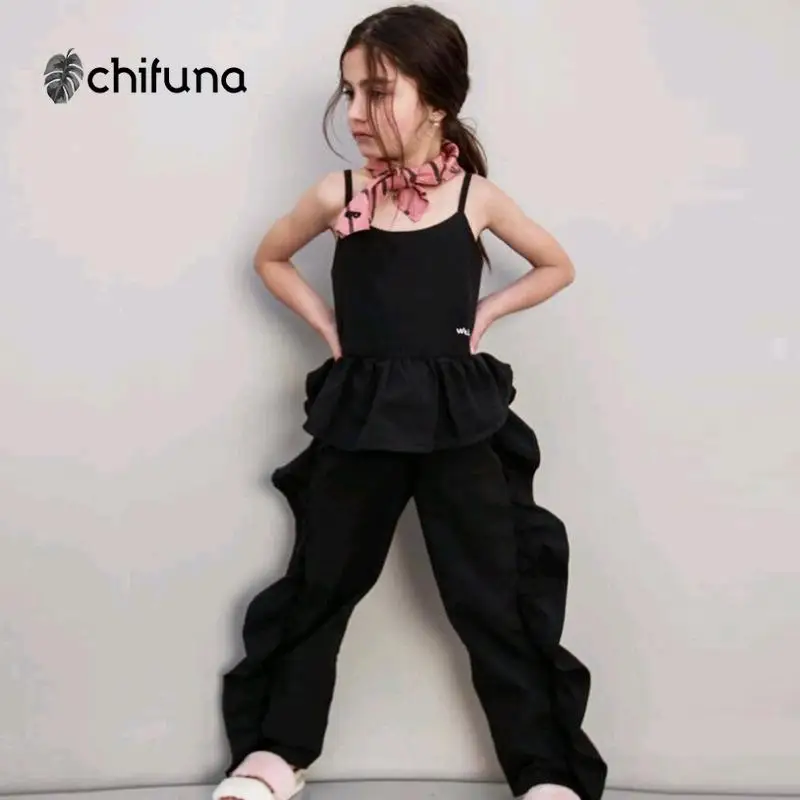 Chifuhna новые летние модные комплекты с черными лямками и брюками оборками Мягкая