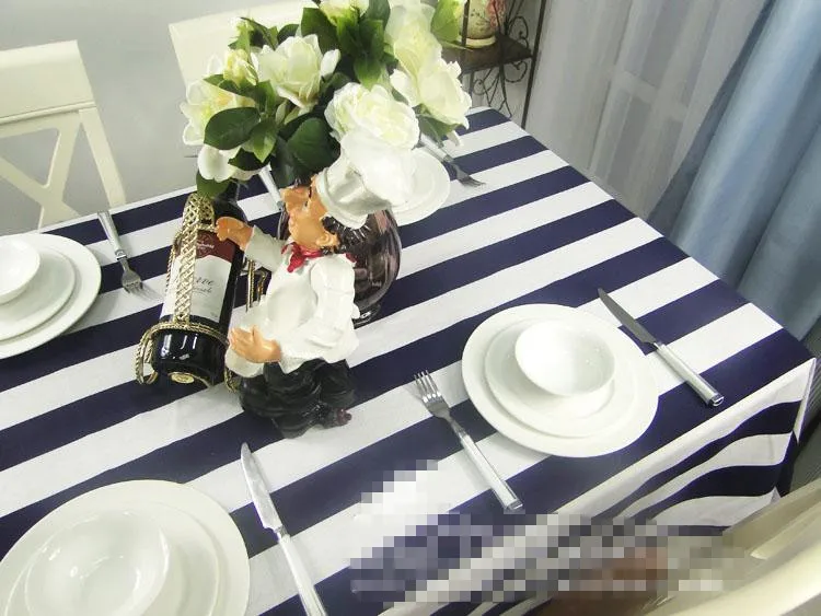Современная классическая белая и темно-синяя полоска парусиновая скатерть