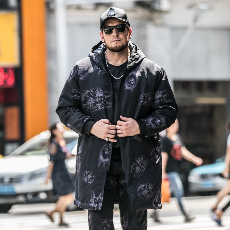 Очень большой размер, L-6XL, 7XL, длинное пальто с капюшоном, парка, мужская куртка, зимняя, свободная, теплая, с принтом, хлопковая куртка для 150 кг, мужская одежда