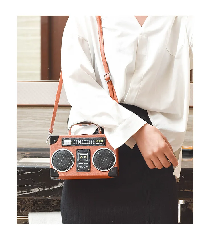 Summer Radio Tape Prints Mini Crossbody Bags for Women Box Shaped Shoulder Bag PU Leather Small Purses Vintage Flap Handbags