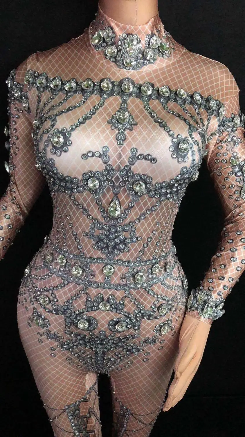

Rhinestones Sexy Women Stretch Skinny Bodysuits Wild Nightclub Dance Performance Jumpsuits Fashion Women Bodycon Rompers