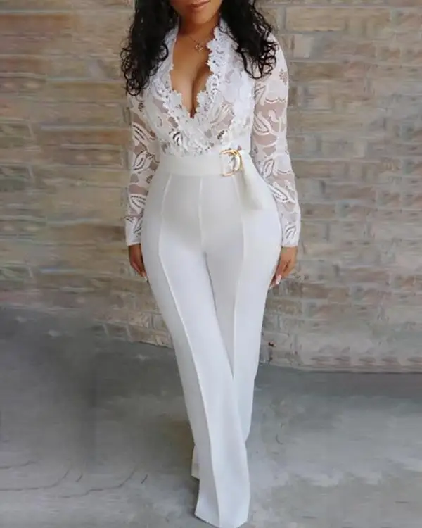 С глубоким вырезом и кружевным лифом вставка комбинезон для Для женщин с длинным рукавом Офисные женские туфли Детский костюм, комбинезон