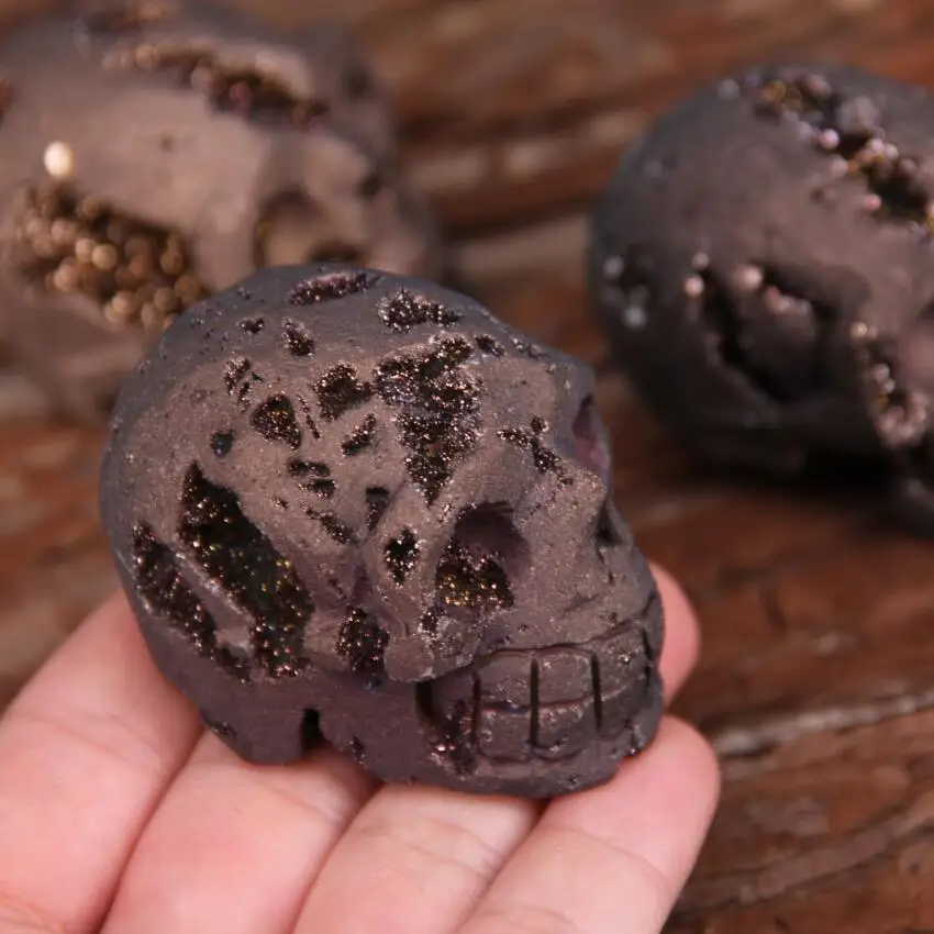 1 шт. голова черепа титановый коричневый Druzy Камень исцеления резные камни