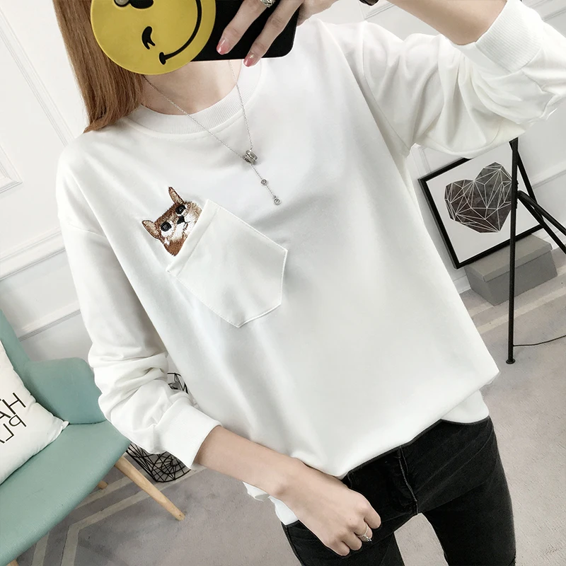 2017 Осенняя Новинка Харадзюку консервативный свободный карман Кот Вышивка