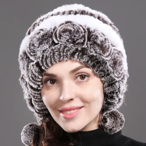coffee and white Новые женские цветы настоящий мех кролика шапки вязаные в полоску из натурального кролика рекс меховая шапка зимняя теплая Женская Настоящий мех кролика шапка - Цвет: coffee and white