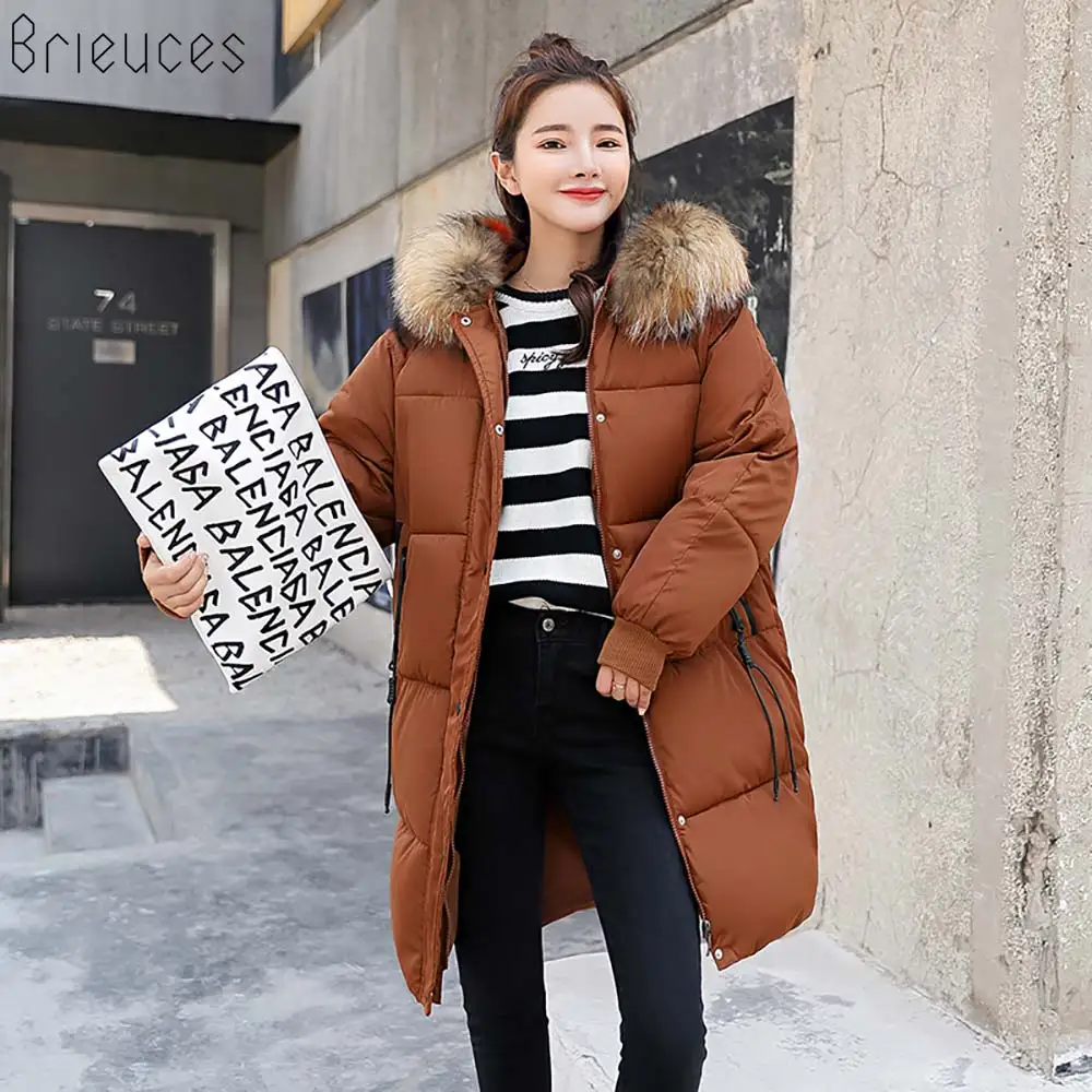 Brieuces New winter jacket women big fur hooded wadded female casual cotton-padded thicken coat parka | Женская одежда