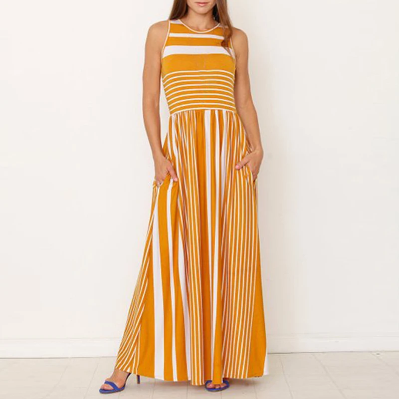Женское Повседневное платье Элегантное летнее Полосатое без рукавов с вырезом