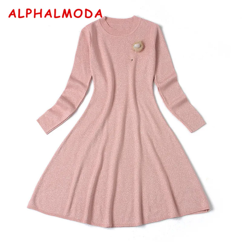 Женское трикотажное платье ALPHALMODA с длинным рукавом реальное блестящее для