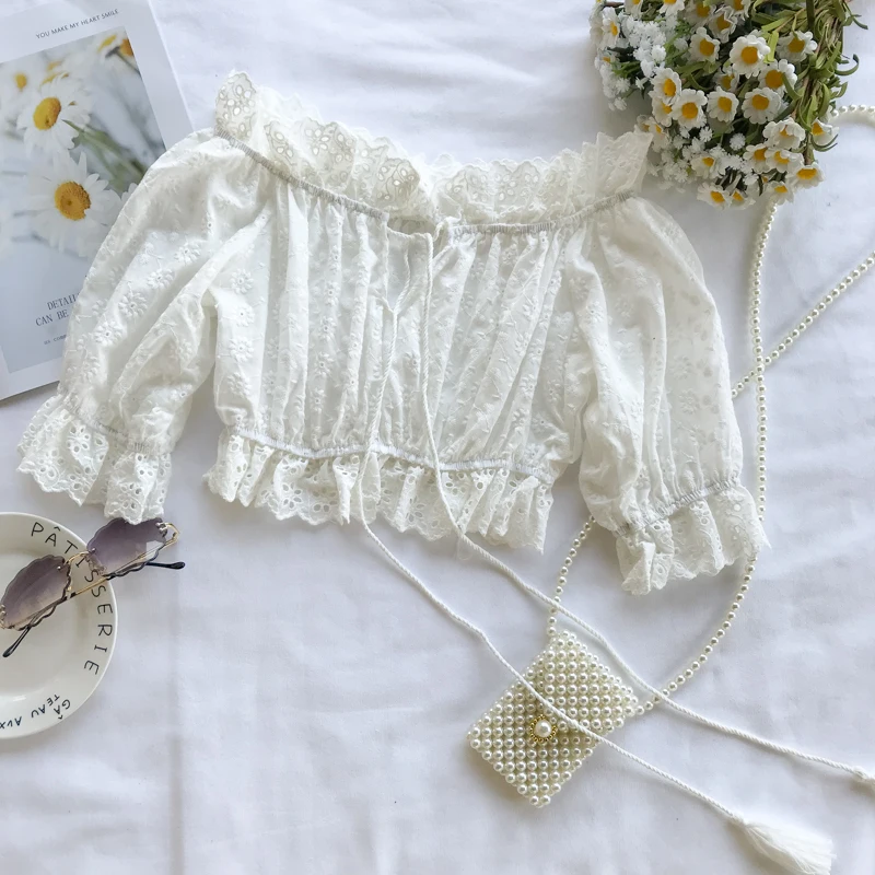 Женская блузка белая кружевная рубашка с рукавами-пузырьками лето 2019 |