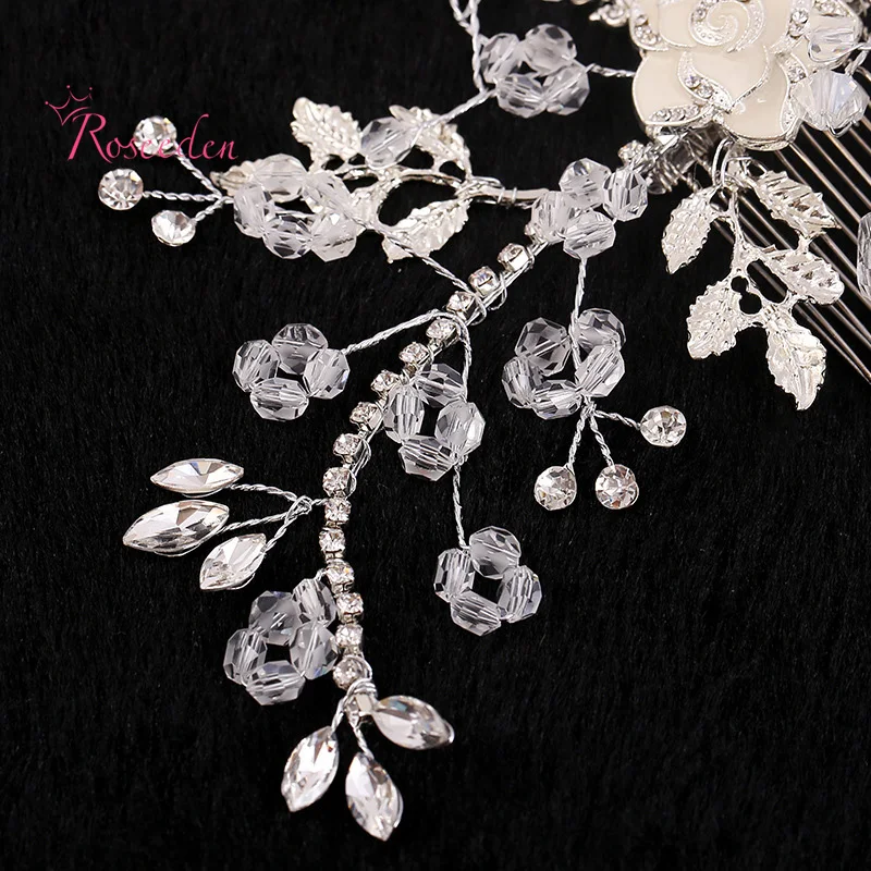 Bridal Handmade Elegant Rhinestone Pure White Rose Flowers Hairpiece Wedding Hair Pins Paillettev Design Comb RE275 | Украшения и