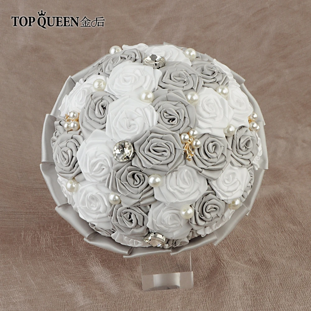 TOPQUEEN F6-GR Потрясающие Свадебные цветы Букеты Свадебные букеты Искусственные белые розы и темно-серые розы и жемчуг