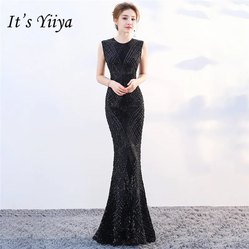 

It's Yiiya Sequined evening dress O-neck sleeveless zipper back Floor-length Party gowns Formal long Mermaid Prom dresses C111